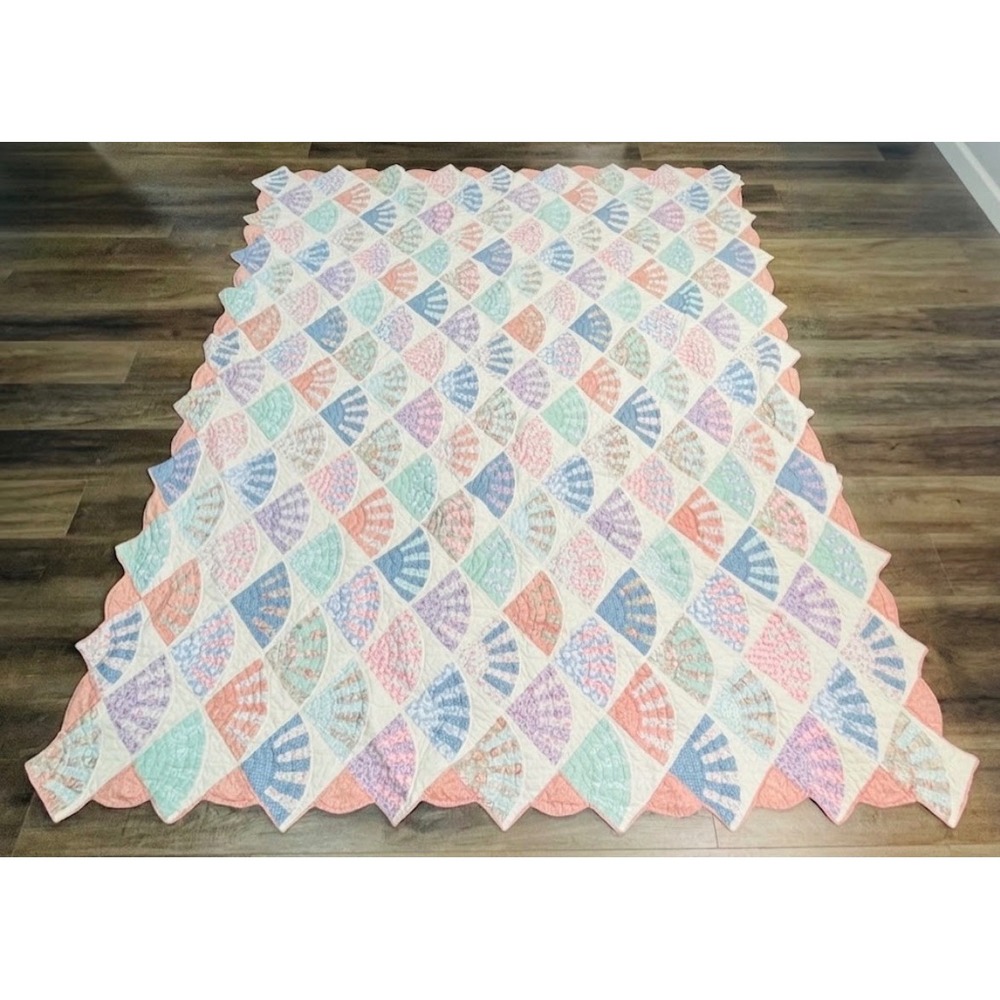 Vintage Arch Quilt Grandmother Fan Scalloped Edge Pastel Floral Full Queen 96x87
